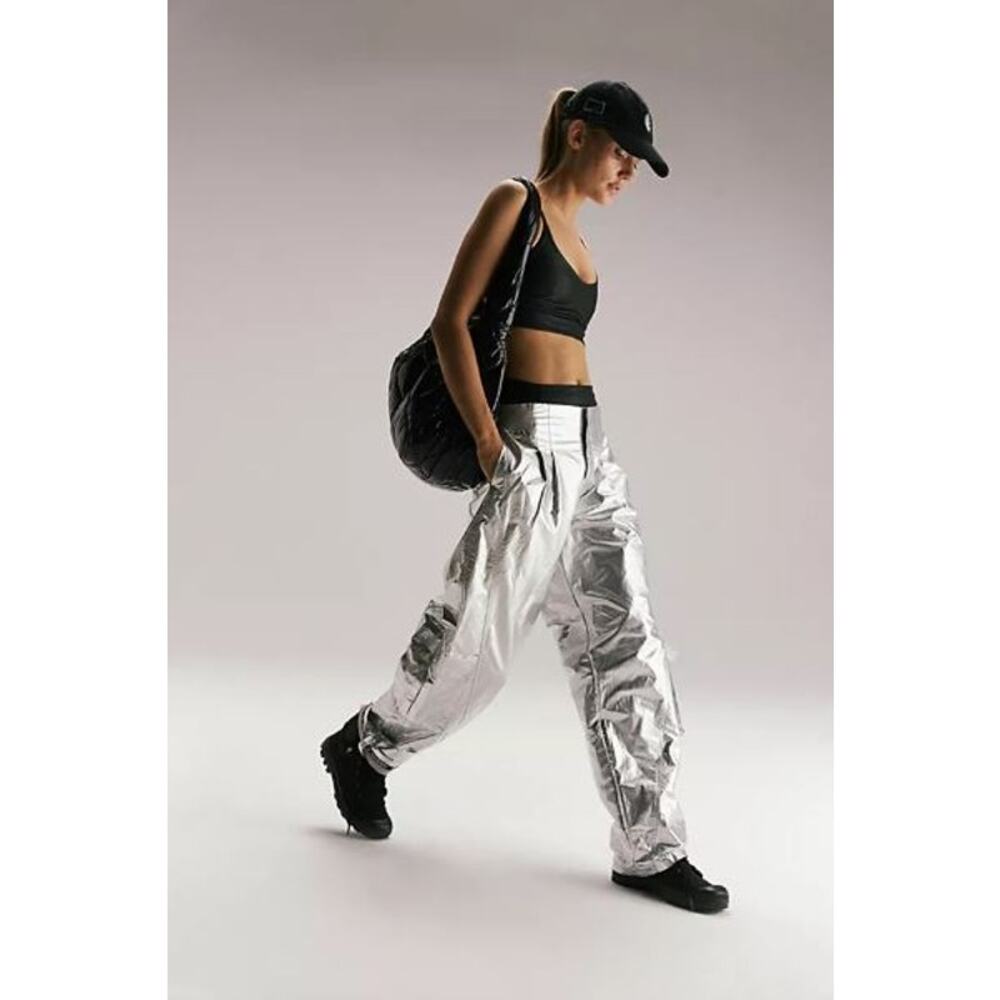 Free People Mesmerize Me Shine Pants Metallic Cargo Low Rise Silver Size Small - Picture 2 of 10